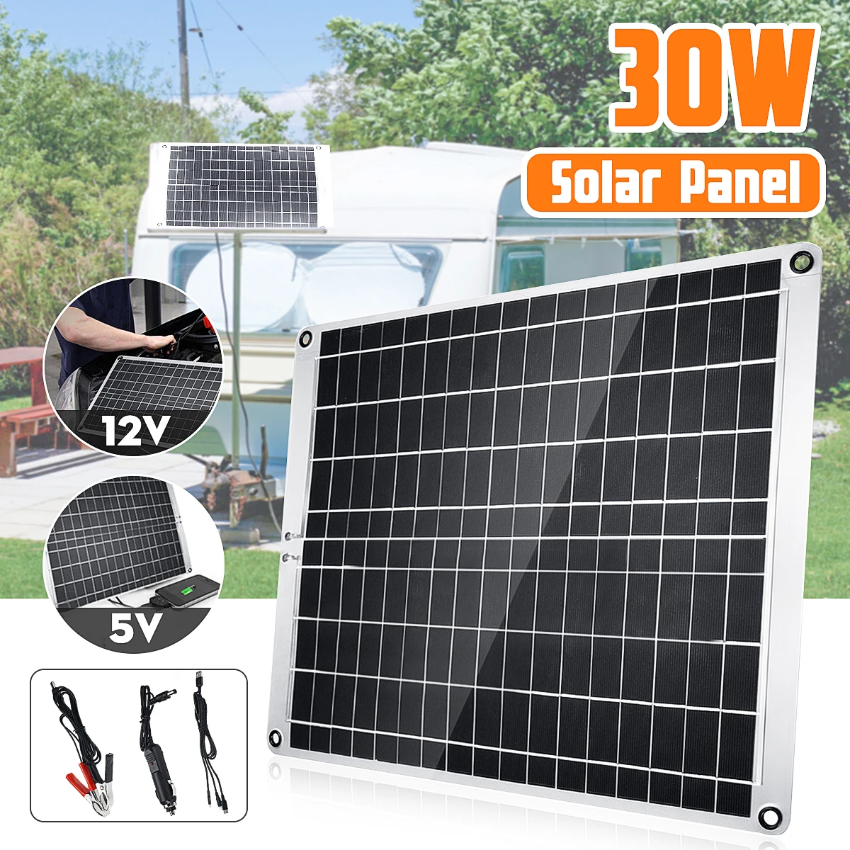 

30W 12V Portable Solar Panel USB Monocrystalline silicon Solar Panel with Car Charger for Outdoor Camping Emergency Light