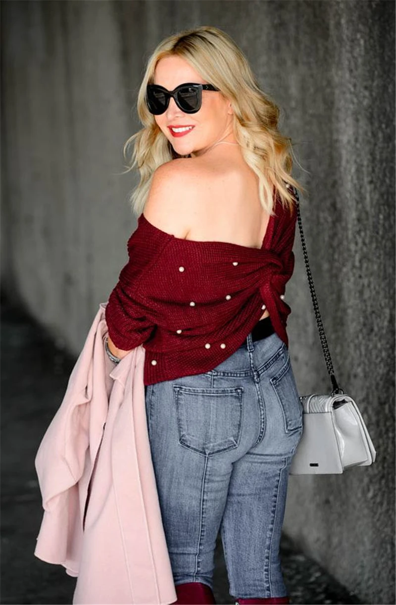 IANLAN New Spring Autumn Womens Loose Off-shoulder Sweater Pullover Criss-cross Back Solid Knitwear Pearl Decoration IL00389 | Женская