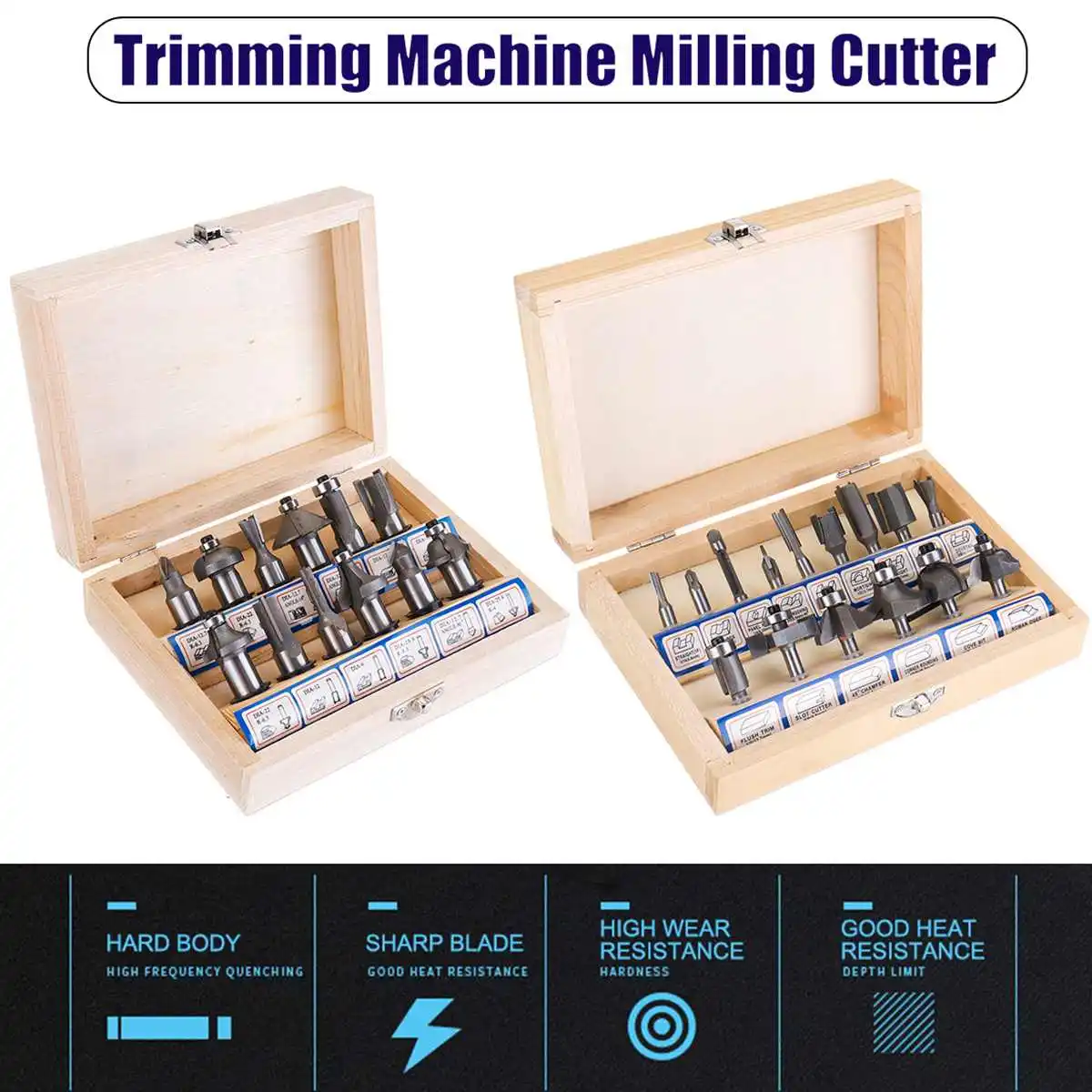 

Shank Hand Trim Router Bits Set 12Pcs 1/2"/ 15Pcs 1/4" Trimming Machine Milling Cutter Tungsten Carbide High Abrasion Resistance