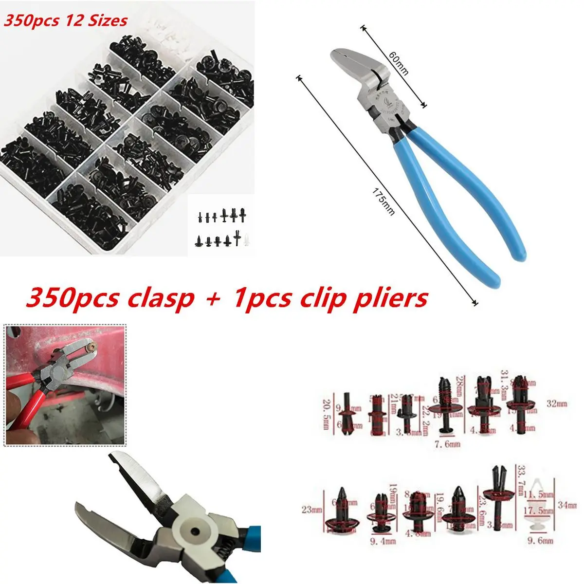 

350Pcs Car Door Push Pin Rivet Trim Clip Panel Body Screws Push Type Retainer Kit Plastic Clips Fasteners + Clasp Forceps