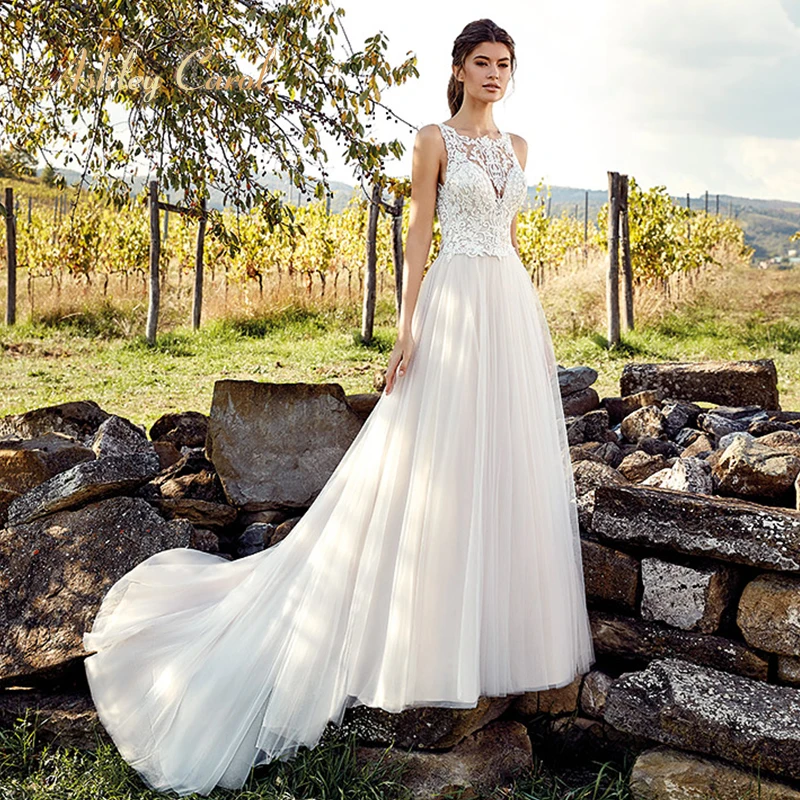 

Ashley Carol Appliques A-Line Wedding Dress 2019 New Fashion Scoop Lace Sleeveless Tulle Simple Bridal Gown Robe de Soiree