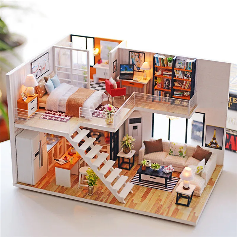 

DIY Wooden Loft Apartments Dollhouse Modern Miniature Home Furniture Model Kit Children Handmade Craft Toys Kid LED Light Gift