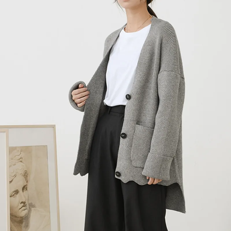 Sélections Toutes Col gray Longues Poitrine Irrégulière Printemps Le915 Manches Nouveau apricot Tricot Poches Lâche 2019 À Black Unique V eam Longueur Hiver Manteau Les vqSxHST