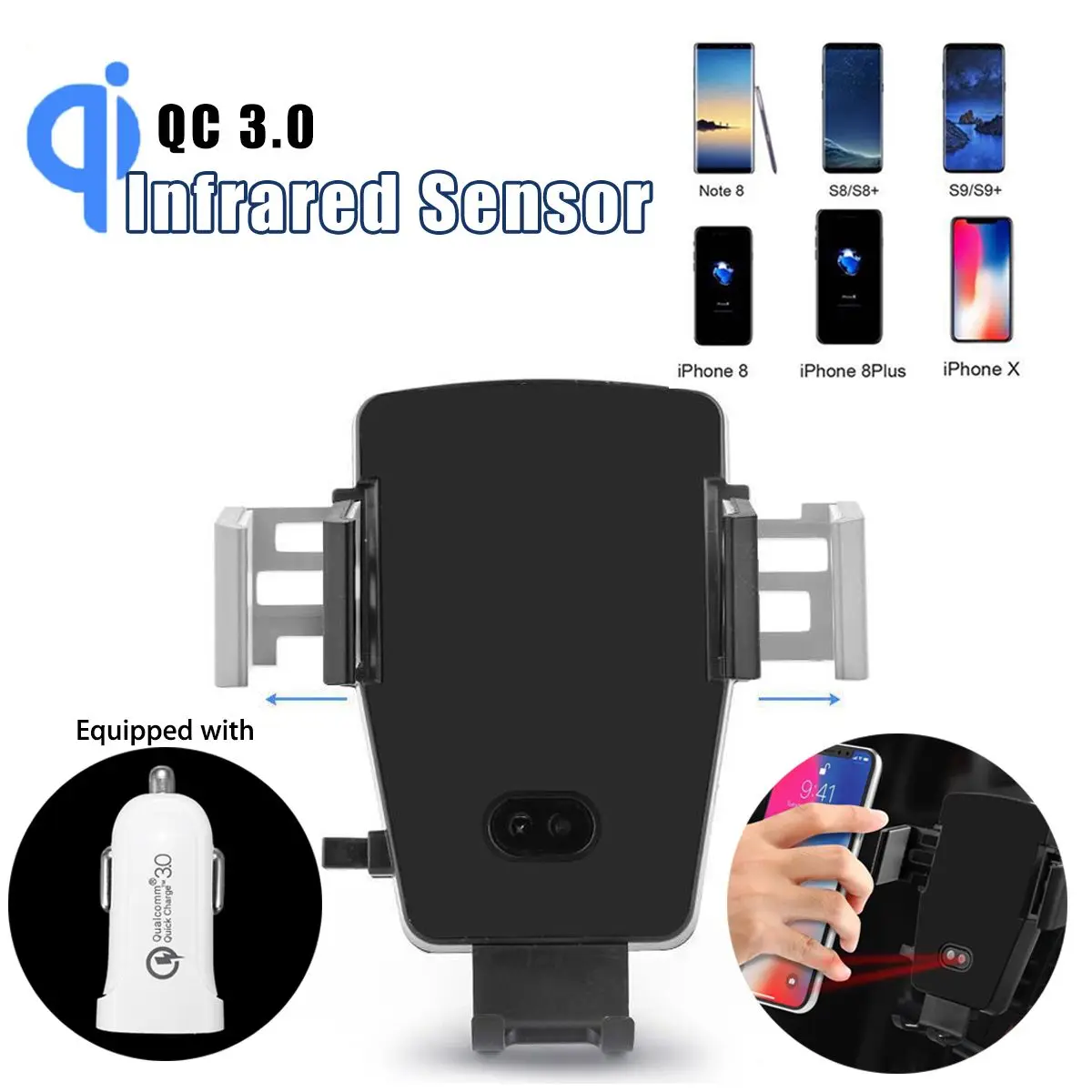 Car Qi Wireless Charger 10W For iPhone XR X XS Max Auto Sensor Holder Car Wireless Charger Fast Charging Dock Pad + Car Charger