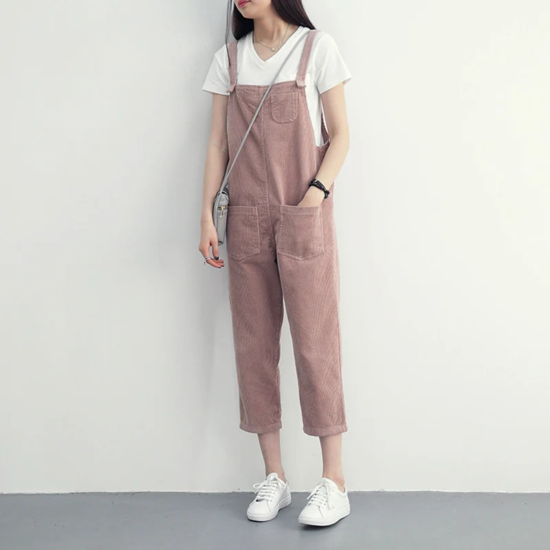 Для женщин зимние однотонные свободные Corduroy Overall брюки комбинезон