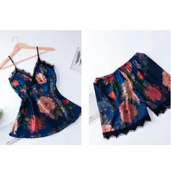 Принт лоскутное ремень кружево талии для женщин V комплект летние шорты для эластичные Спагетти Пижамы ресниц ночная рубашка с цветочным