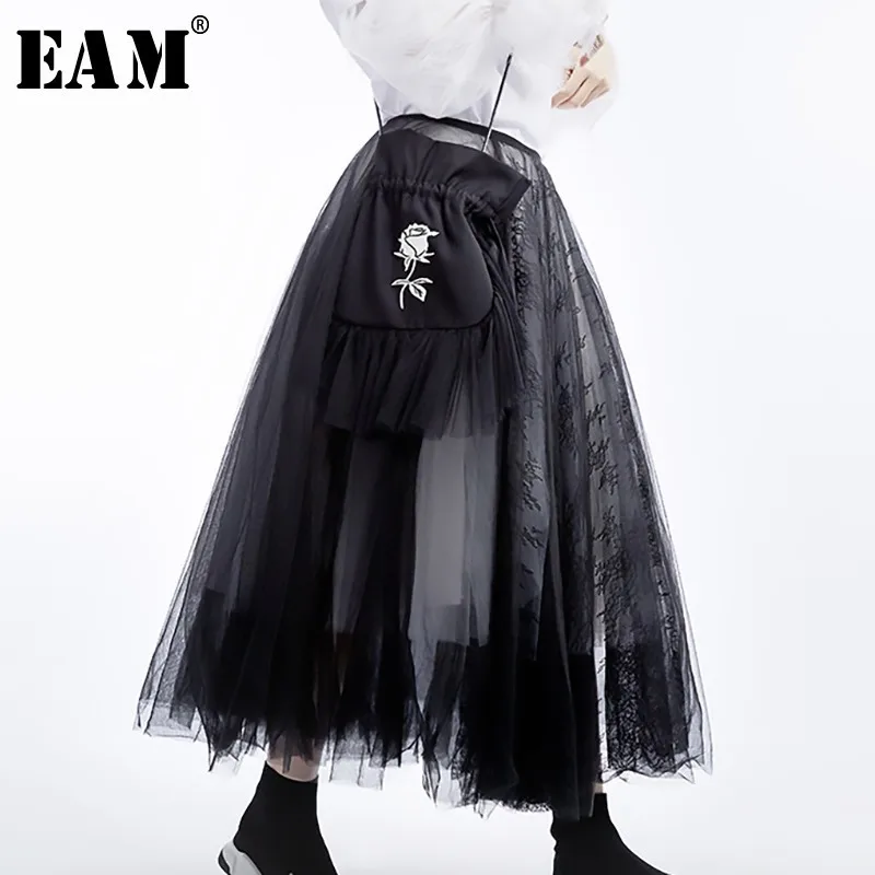 

[EAM] 2020 New Spring Summer High Waist Black 5 Layers Mesh Stitc Temperament Half-body Skirt Women Fashion Tide JT136