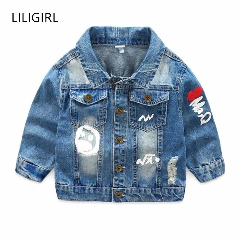 

LILIGIRL Hole Boys Denim Jackets Lapel Girls Cartoon Coat for Kids Clothes Outerwear Windbreaker джинсовая куртка для девочки
