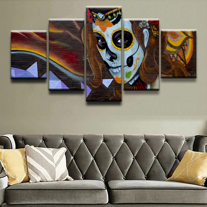 

5 Pieces Artistic Graffiti Sugar Skull Girl Canvas Painting Print Poster Pictures Modern Wall Art Home Decor For Living Room