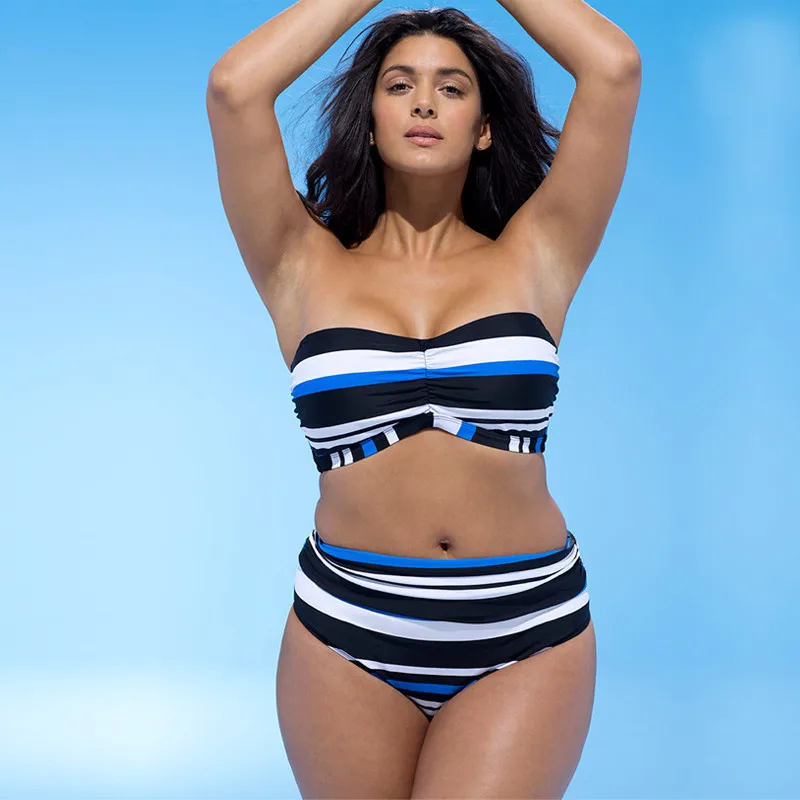 

High Waist Swimsuit Bandeau Plus Size XL-4XL Bikini Sets Female Push Up Padded Halter Top Women Swimwear Blue Black Striped