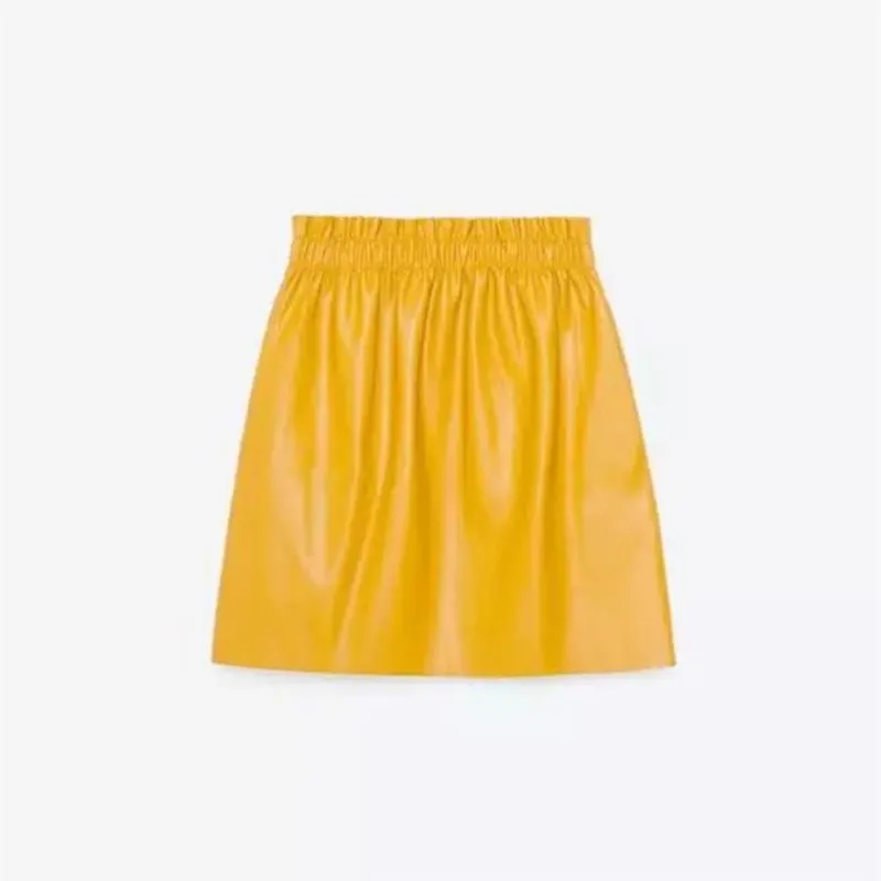 

3 Solid Colors PU Leather Mini Skirts Spring Autumn Ladies Casual Empire A-Line Skirts