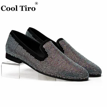 

Cool Tiro White Rhinestone Loafers Men's Smoking Slippers Moccasin Wedding Party Glitter Strass Dress Shoes Casual Flats Leather
