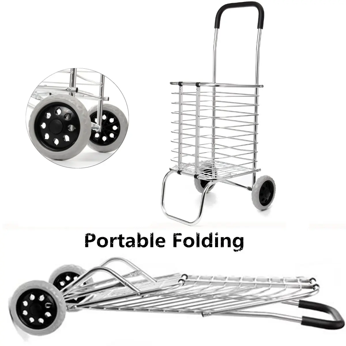  2 Wheel Kitchen Trolley Aluminum Folding Portable Shopping Market Grocery Basket Cart Trolley Quali