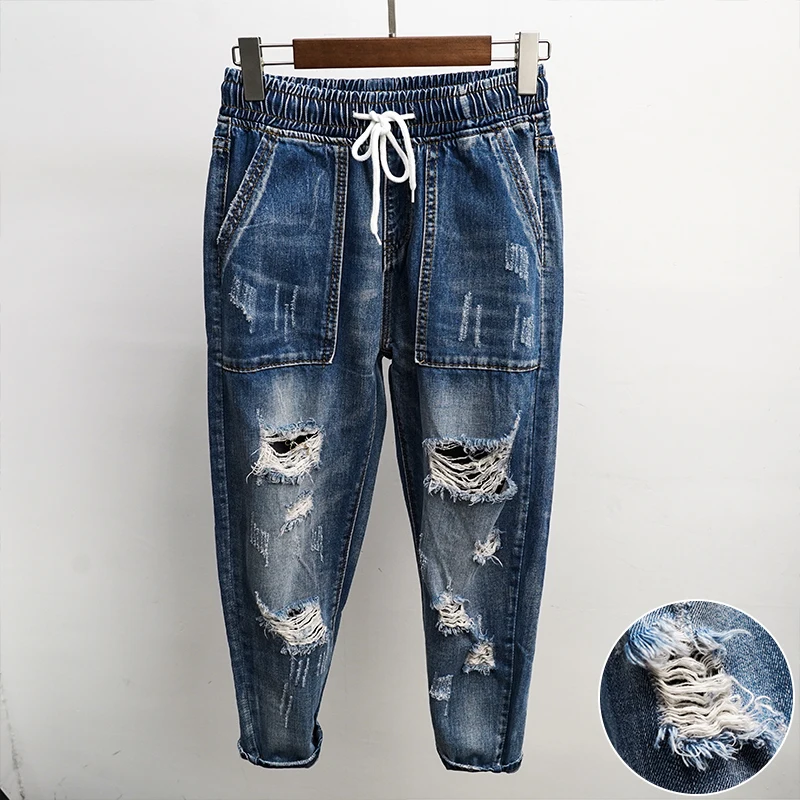 Spring New Jeans Men Fashion Washed Casual Torn Holes Denim Pants Man Streetwear Hip Hop Loose Cowboy Trousers Male Clothes