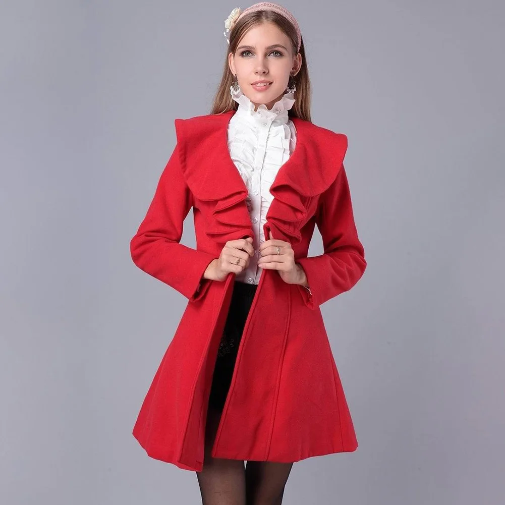 

2019 New Women Coat Autumn Fashion Ruffled Long Sleeve Wool Jacket Coat Female Casual Solid Color Slim Fit Long Overcoat