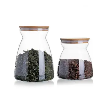 

Kitchen Grain Storage Tank Food Sealed Can Handmade Transparent Glass Coffee Beans Storage Jar Tea Can With Bamboo Wood Cover