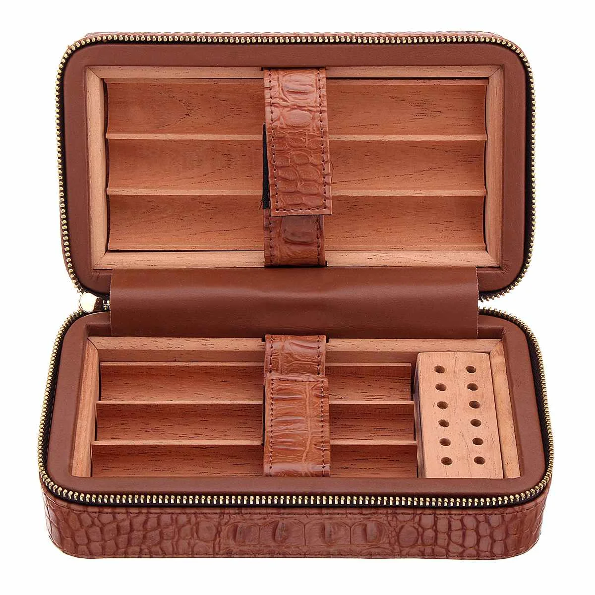 19.5x11x8cm Brown Leather Cedar Lined Cigar Travel Hydrating Case Humidor Hold 6 Cigars with Humidifier