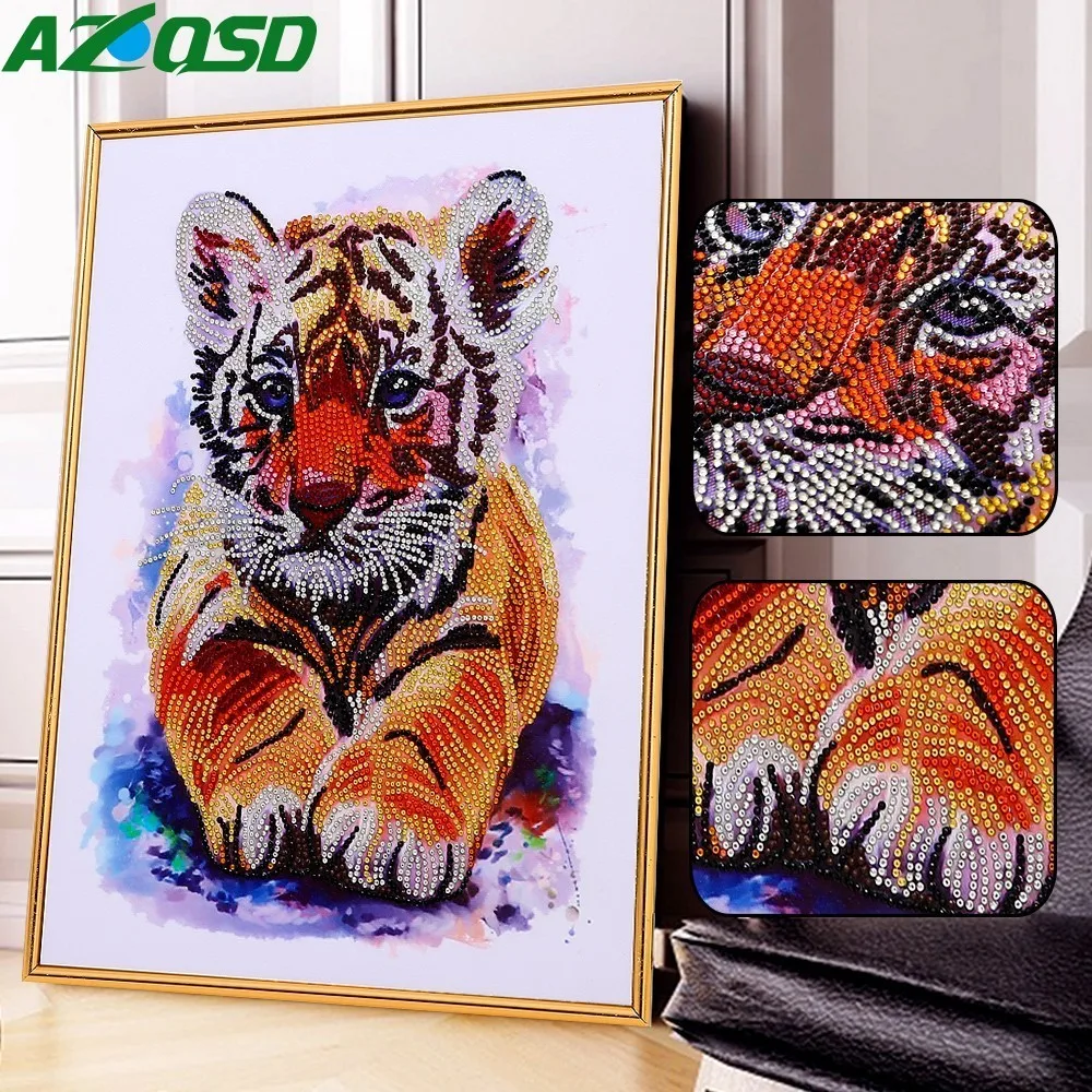 AZQSD Diamond Mosaic Tiger Full Kits Special Shaped Diamond Painting
