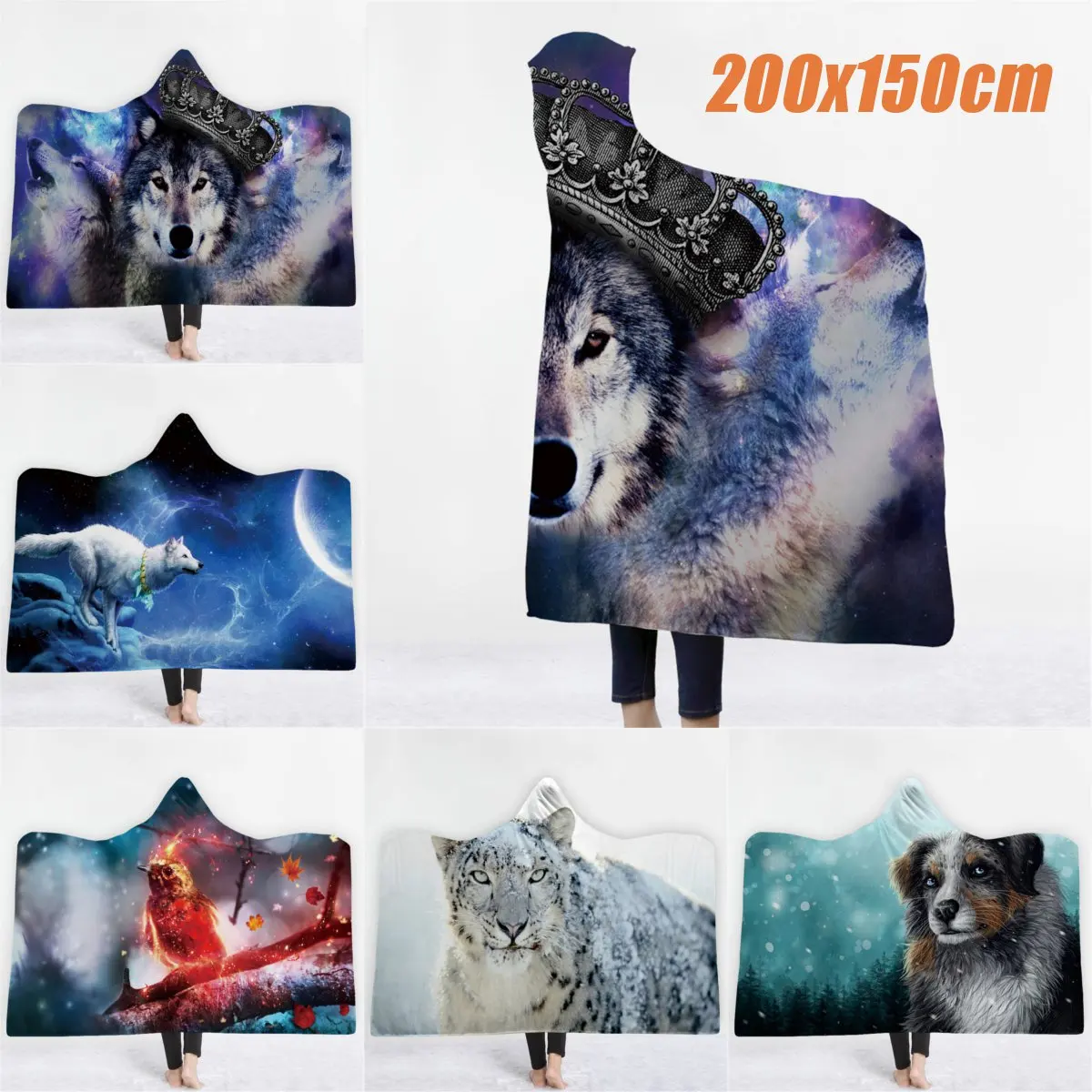 

150X200CM Plush Hooded Animal Blanket 3D Printing Hooded Cloak Tapestry Winter Warm Sleeping Blanket Microfiber Wearable Blanket