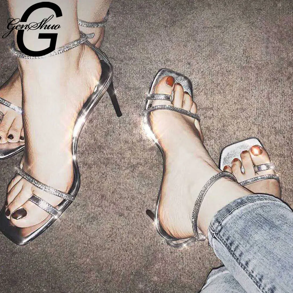 

GENSHUO High Heels Sandals Vintage Square Toe Heel Sandals Crystal Silver Summer Sandals Ankle Strap Gladiator Shoes For Women