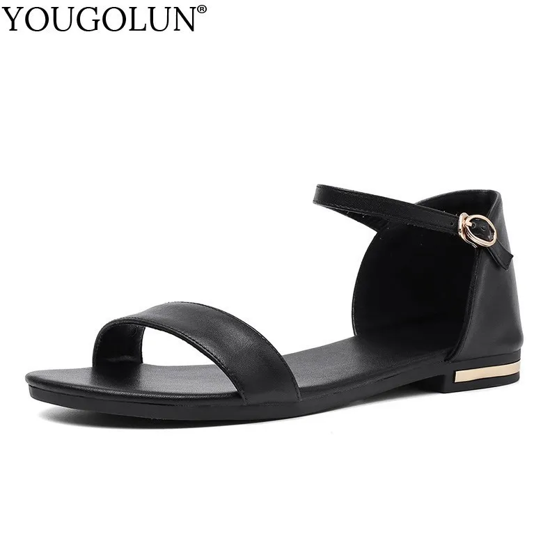 

Women Sandals Summer Genuine Leather Ladies New Arrived Flat Sandal Casual Woman Ankle-Warp Beige Black Comfortable Shoes A143