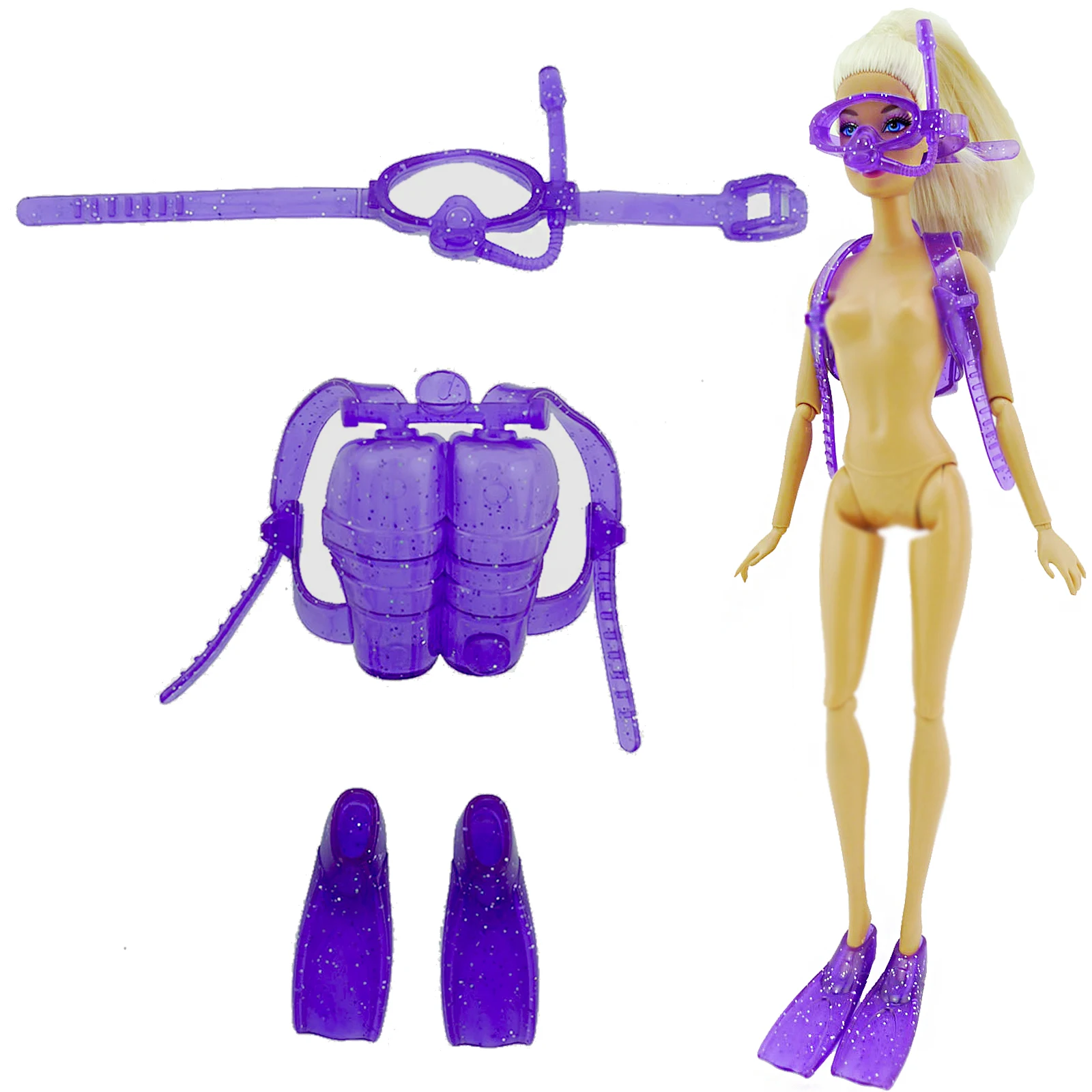 Аксессуары для кукол, фиолетовый пляжный купальный костюм, оборудование для подводного плавания, кислородный резервуар, ласты, очки для плавания, куклы Барби, одежда, игрушка