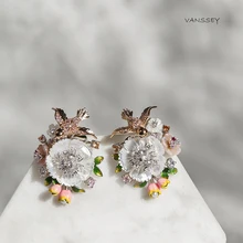 Vanssey, модное ювелирное изделие, цветок, птица, натуральный перламутр, раковина, эмаль, кубический цирконий, серьги, аксессуары для женщин, новинка