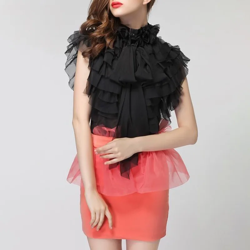  TWOTWINSTYLE Chiffon Blouse Tops Female Sleeveless Perspective Bowknot Ruffles Shirts For Women 201