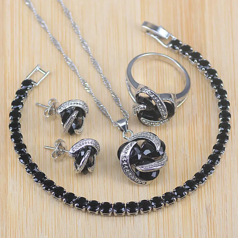 

Big Sale Jewelry Sets For Women Party Jewelry Gifts 925 Sterling Silver Black CZ Necklace/Pendants/ Earring/Bracelets/Ring Sets