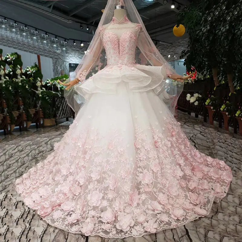 

Women Elegant Long Sleeves Ball Gowns Wedding Dresses 2019 pink handwork applique Pearls Bridal Gowns