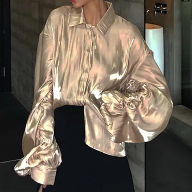 

2019 New Turndown Collar Lantern Sleeve Golden Shirt Loose Casual Oversized Women Blouse Balloon Sleeve Top Blusa Chemise Camisa