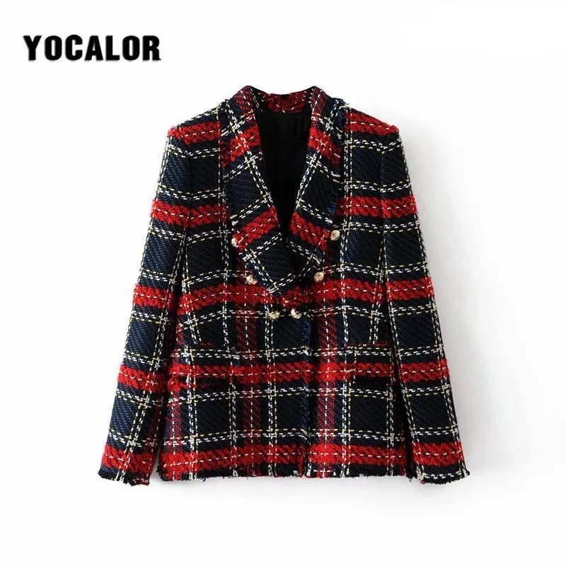 

Fashion Za Vintage Women Patchwork Plaid Tweed Jacket Breasted Pocket Long Sleeve Female Coat Casaco Femme coats Fenimino Tunic
