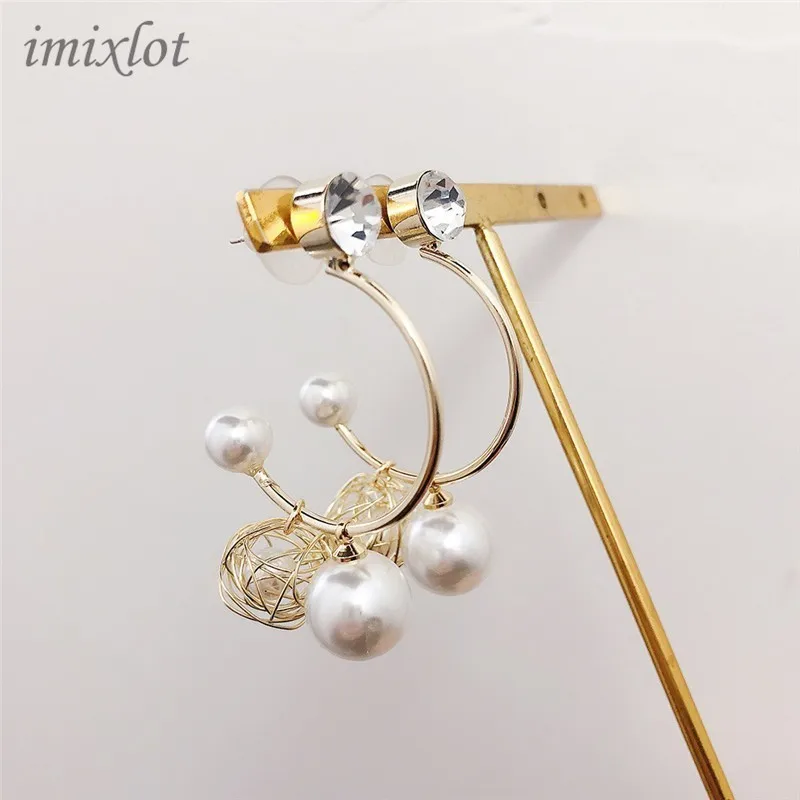 

Korea Pearl Flashing Ear Circle Hoop Earrings Half Surround The Bird's Nest Pendant Ear Nail Woman