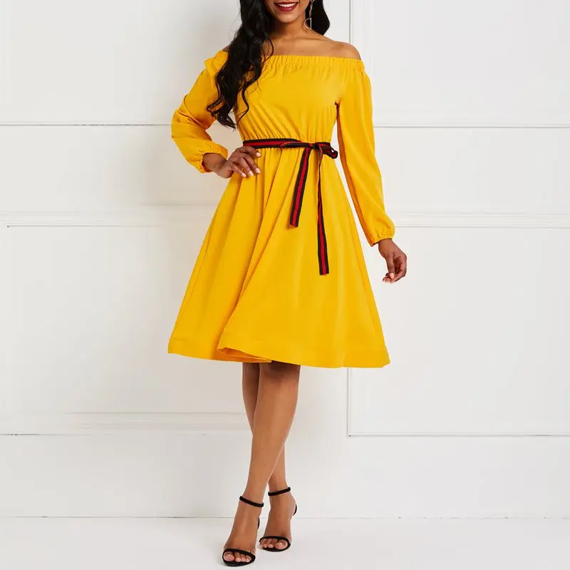 

Summer Yellow Casual Dresses Women Off Shoulder Sexy Backless Street Lace Up High Wait Elegant Girl School Chic A Line Dress
