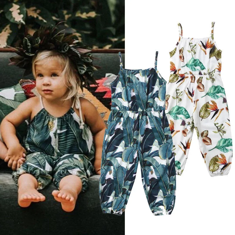 

Kids Baby Girls Boho Romper Sleeveless Strappy Green Leaf Birds Print Jumpsuit Girl Long Pants Sunsuit Summer Beach Clothes 1-6Y