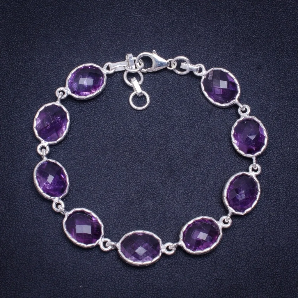 

Natural Amethyst Handmade Unique 925 Sterling Silver Bracelet 7-8" A2994