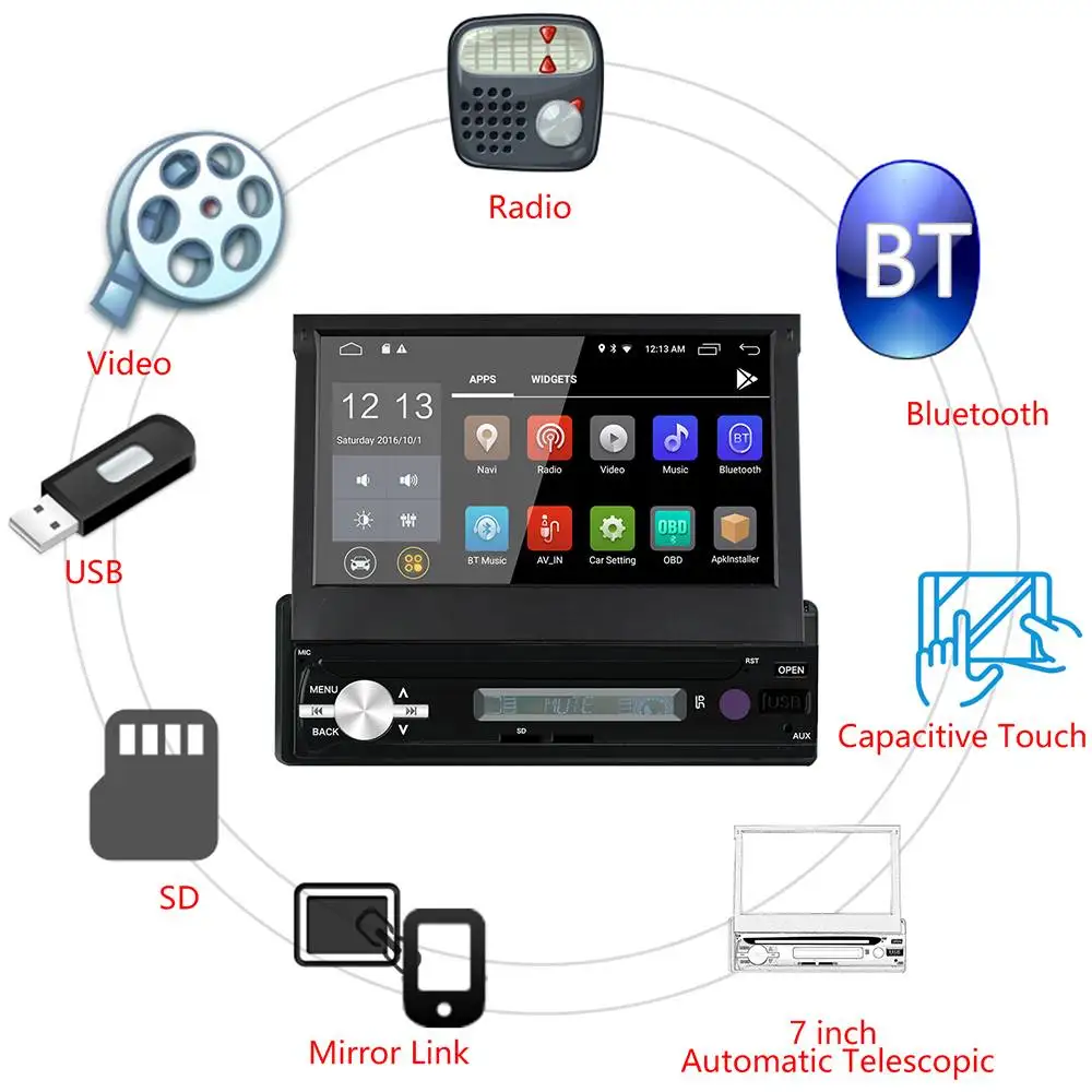 

7" 1DIN Car Stereo Multimedia Player 2+32G for Android 8.1 Adjustable Screen FM Bluetooth WIFI GPS Nav Radio Video MP5 Player