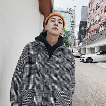 

2018 Hong Kong Style Retro Spring And Autumn New Men's Wild Loose Casual Loose Lattice Square Collar Shirt Coat Gray M-XL
