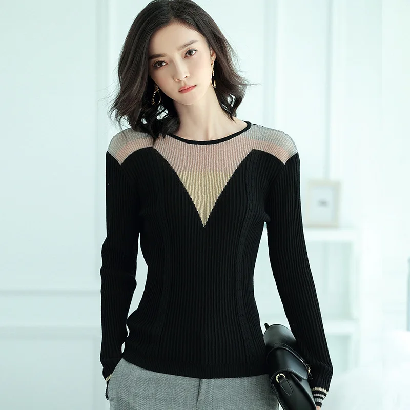 Autumn Winter Fashion Knitted Black Color Sweater Office Lady Slim ...