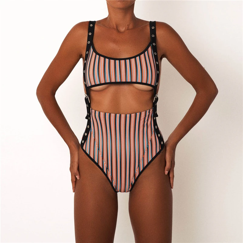 

2019 Striped Swimwear One Piece Swimsuit Women Backless Monokini Swimsuit Sport Bodysuit Beach Bathing Suit Swim Bikini
