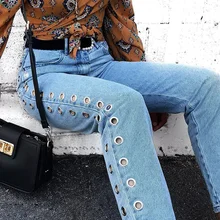 Женские Мешковатые прямые джинсы с заклепками и металлическими вырезами, Женские джинсовые штаны, уличная одежда, брюки светло-синего цвета размера плюс, XS, xxl, 3xl