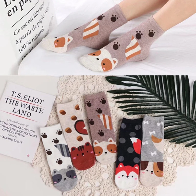 

1 Pair Socks Cotton Cartoon Printed Animals Dog Women Girls Fashion Low Cut Ankle Socks Outfit Summer Spring Fall With 5 Style