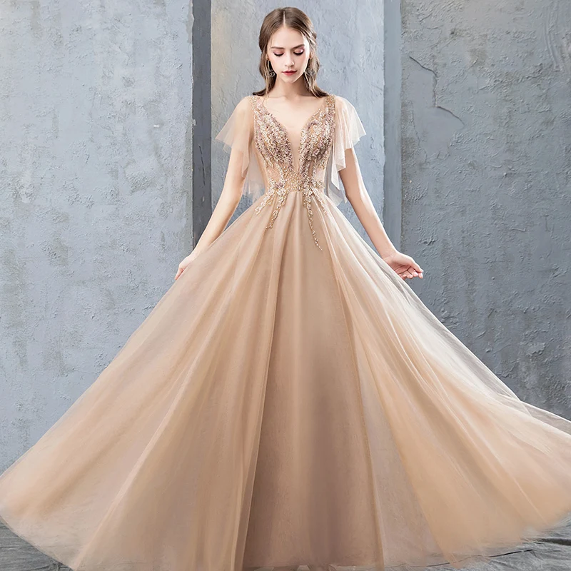 Vivian's Bridal модное элегантное женское вечернее платье Feifei с рукавами сексуальное шифоновое платье с глубоким v-образным вырезом и цветочной аппликацией