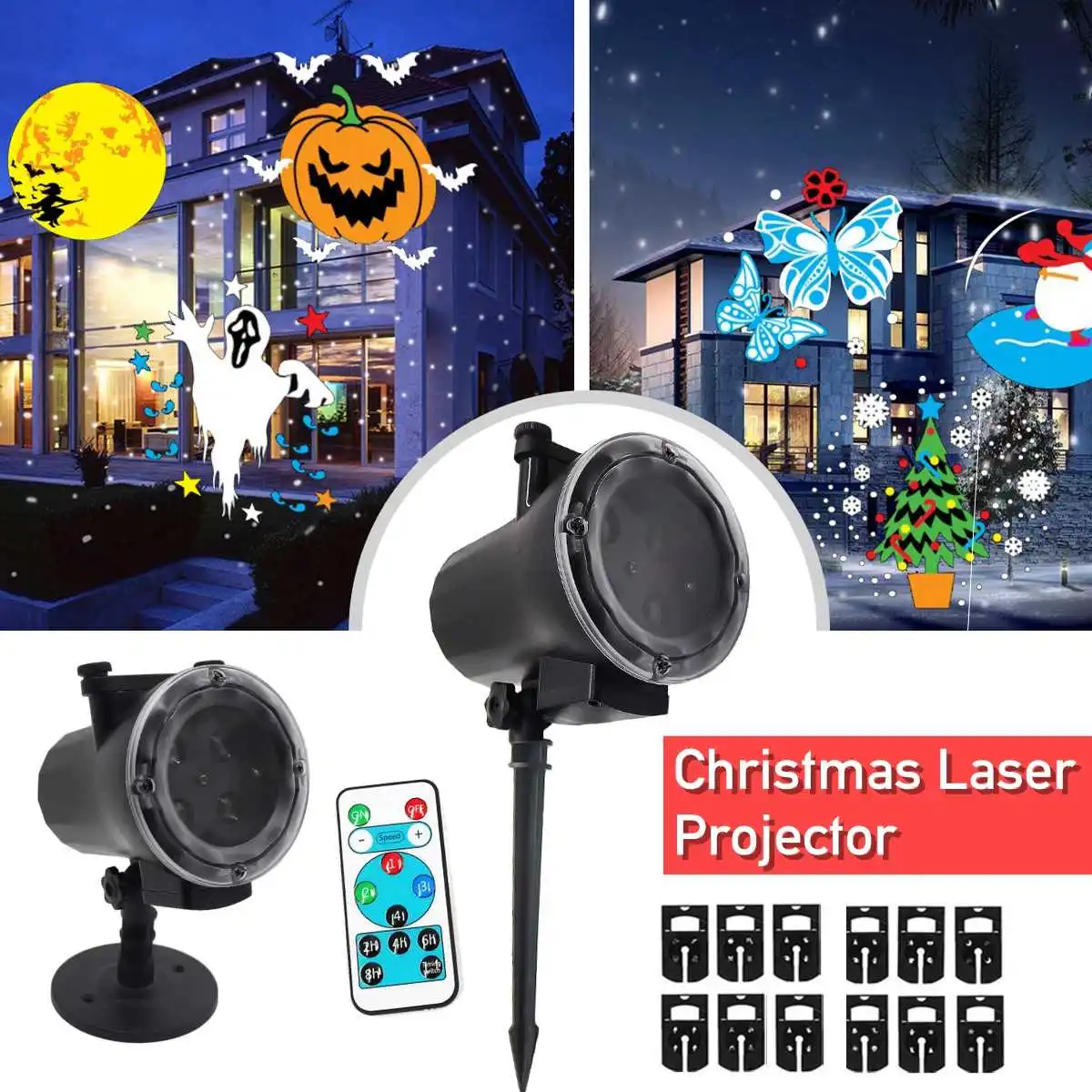 

12 Patterns Christmas Laser Projector Animation Effect IP65 Indoor/Outdoor Snowflake Motion Projector Snowfall/Snowman Light