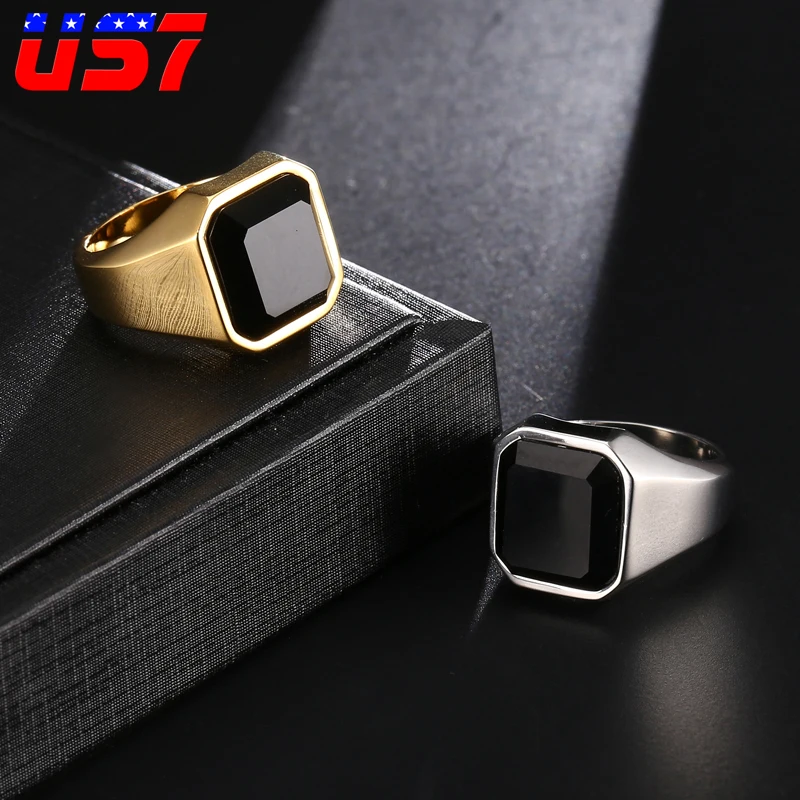 

US7 Obsidian Natural Square Stone Rings Stainless Steel Punk Rock Finger Biker Crystal Ring For Men Women Wedding Jewelry Gift