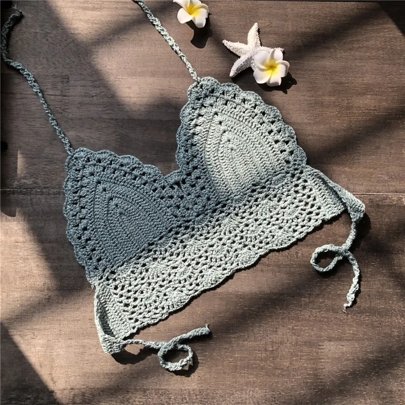 CROCHET BIKINI 2019 Sexy Top Handmade Knit Crochet Crop Top Women Summer Swimwear Camisoles Push Up Beach Tanks Halter Yoga Bras