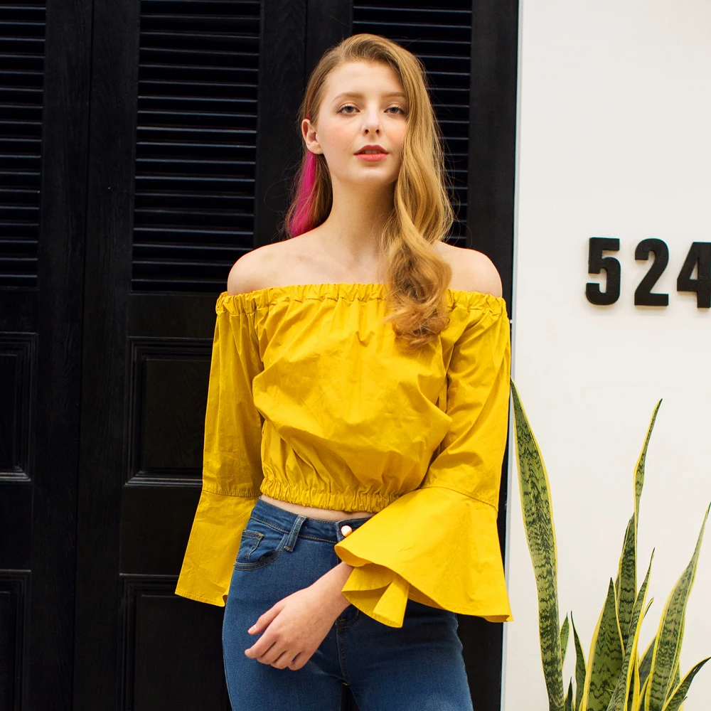 

Jocoo Jolee Women Sexy Off Shoulder Blouse Fashion Ruffles Sleeves Crop Tops Casual Solid Color Street Wearing 2018 Spring New