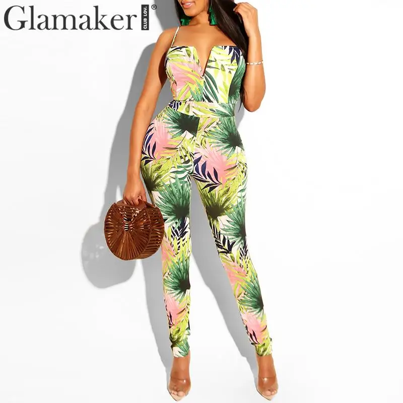 

Glamaker floral printed v-neck strapless slim jumpsuit Women holiday beach high waist jumpsuit playsuit Summer bodycon overalls