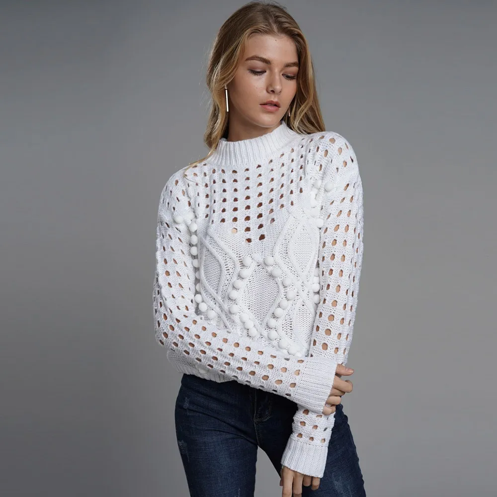 Women Sweaters Winter Casual Boho Streetwear Plus Size Loose Pullover Plain Hollow Female Fashion OL Elegant White Tops Knitwear