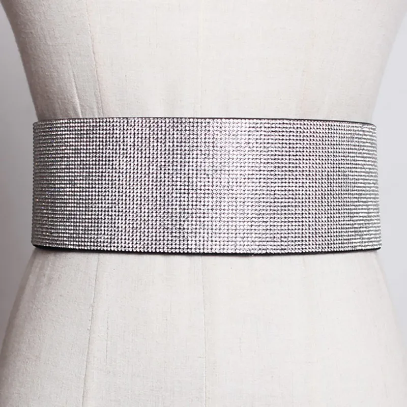 

[YaLee] New Fashion 2019 Spring Summer Flash Drill Belts Three Row Rivets Elastic Cloth PU Wide Girdle Women All Match Y860